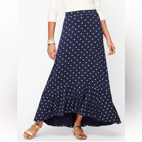 Talbots polkadot flounce hem maxi skirt navy blue flowy beachy peitie small - Picture 3 of 6